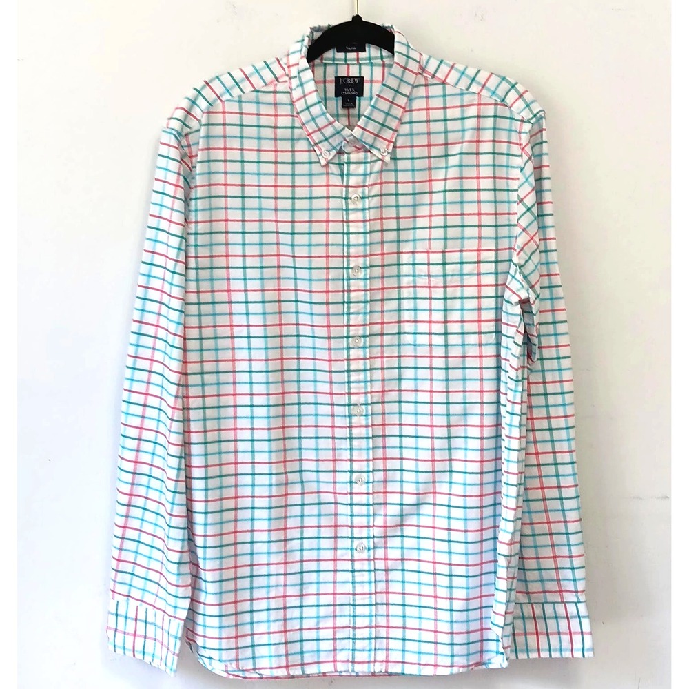 J.Crew Flex Oxford Shirt L  Slim Fit Men's‎ White Red Green Plaid Button Down